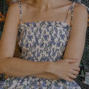 AUREUM Blue and White Floral Smocked Camisole